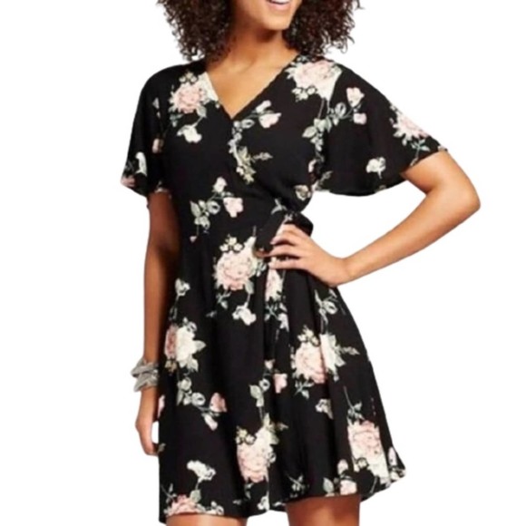 Floral Wrap Summer Black Sundress NWOT - Picture 1 of 5